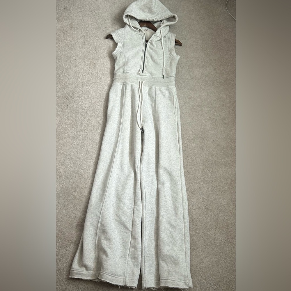 Free People Movement Heather Light Grey Hooded Zip Front Jumpsuit